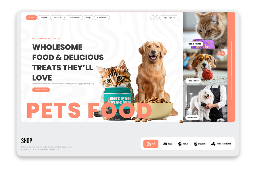 Pet food shop homepage mockup with cat and dog, headline “Wholesome food & delicious treats”