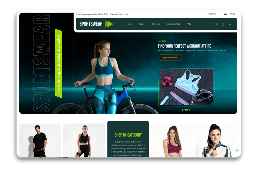 Sportswear Shopify theme homepage with activewear model on bicycle and workout attire promo banner
